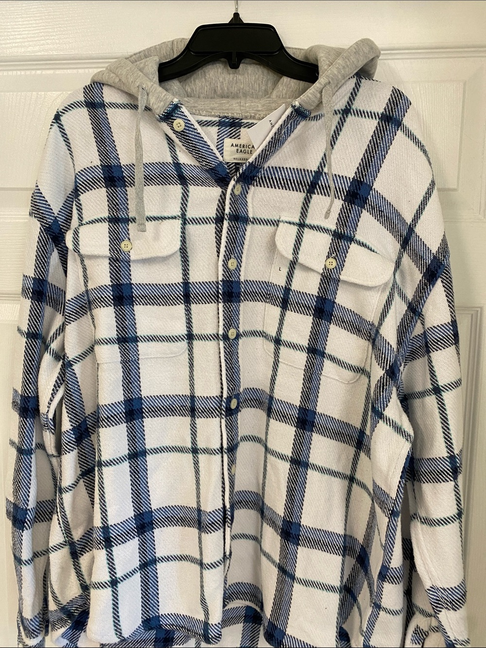 American Eagle Outfitters Men’s White and Blue Plaid Hooded Button-Up